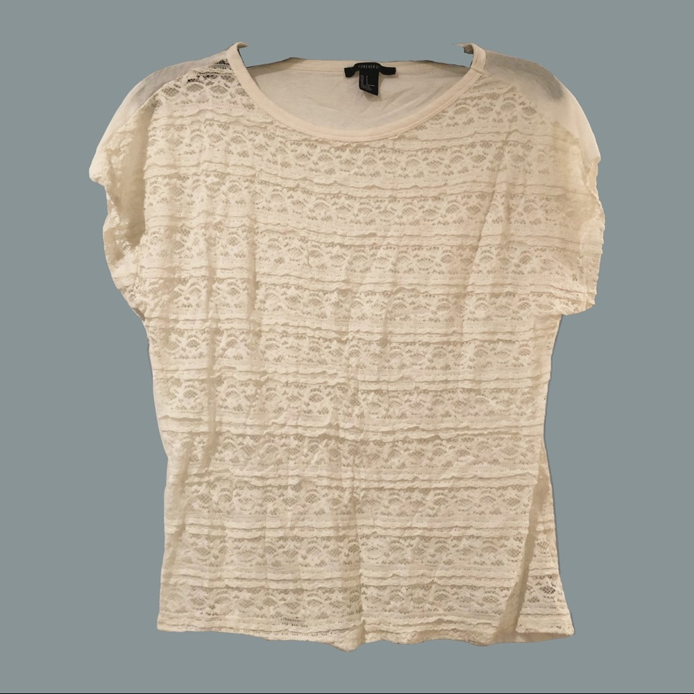 Forever 21 Short Sleeve Lace Cream Shirt